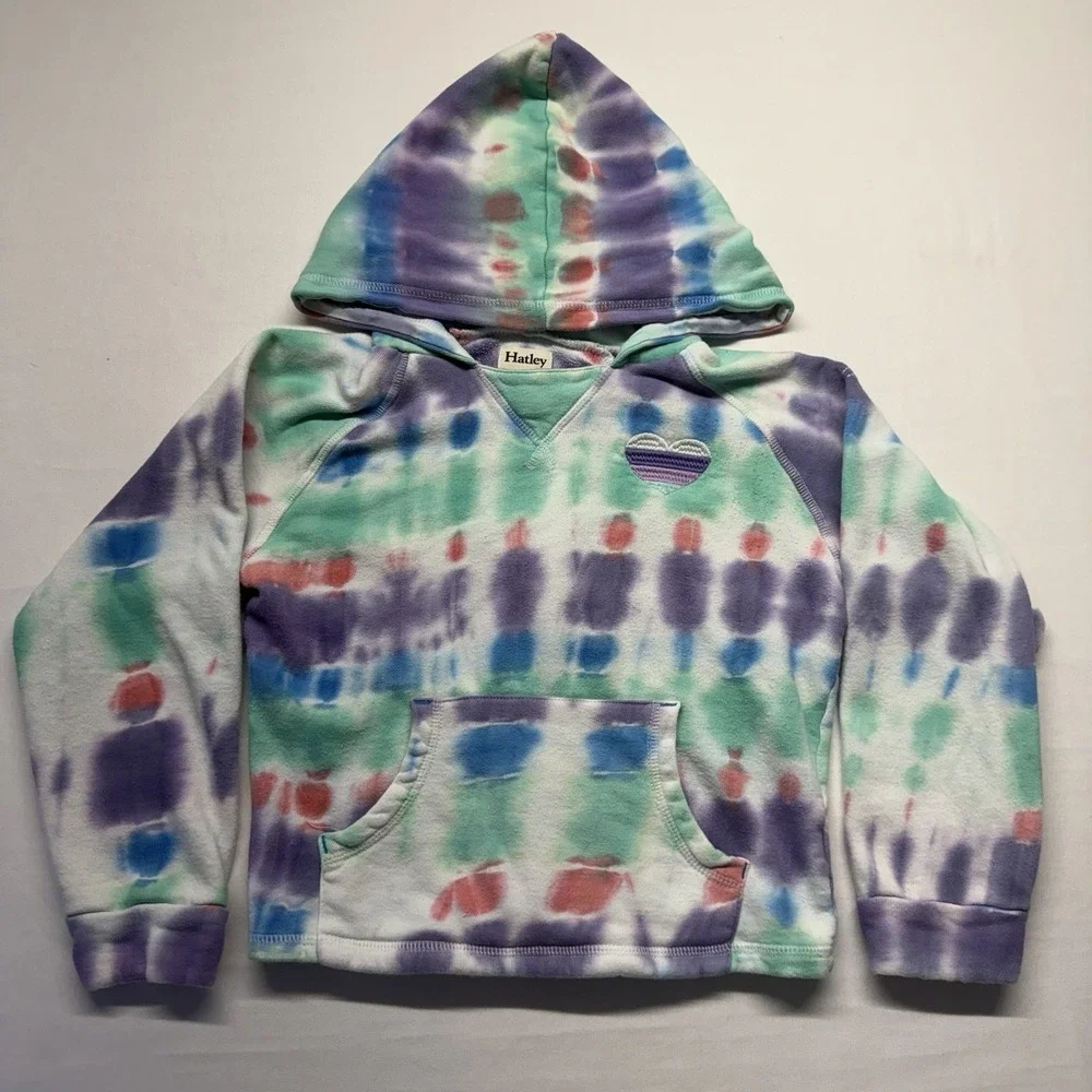 Hatley Girls Seaside Tie‎ Dye Hoodie Size 10 Heart Patch Fleece Pullover